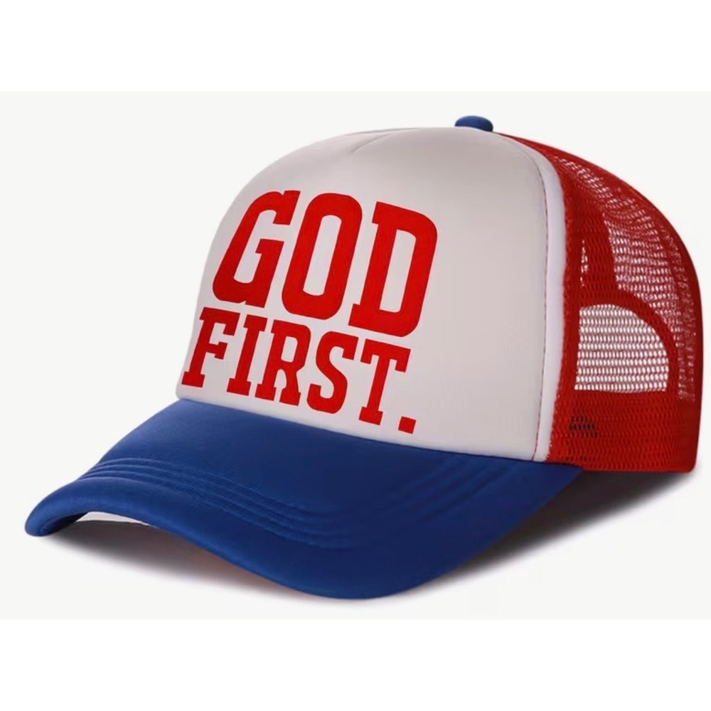 Unbranded God First Trucker Hat Mens OSFA Red White Blue New Religious Mesh Cap